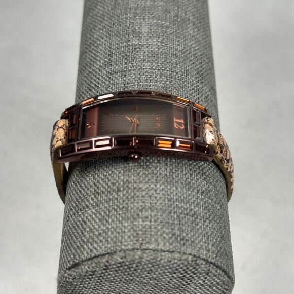 Fossil Relic Watch Womens Brown Baguette Crystal Bezel Animal Print New Battery - Picture 3 of 9